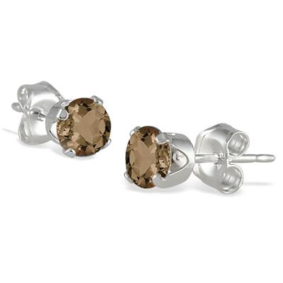 4MM All Natural Round Smokey Quartz Stud Earrings in .925 Sterling Silver