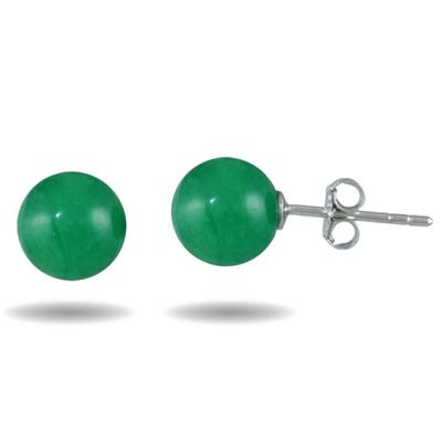 8mm Genuine Green Jade Stud Earrings in .925 Sterling Silver 
