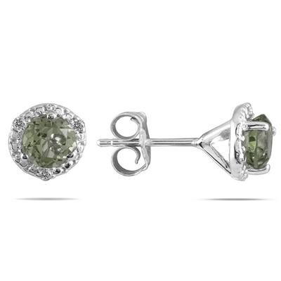 1 1/10 Carat Green Amethyst and Diamond Stud Earrings in 14K White Gold
