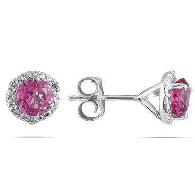 1 1/10 Carat Pink Topaz and Diamond Stud Earrings in 14K White Gold