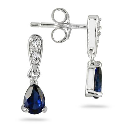 6x4mm Created Sapphire and Diamond Earrings in .925 Sterling Silver
