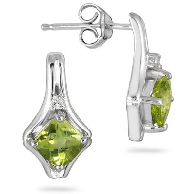 1.25 Carat Cushion Cut Peridot and Diamond Earrings in .925 Sterling Silver