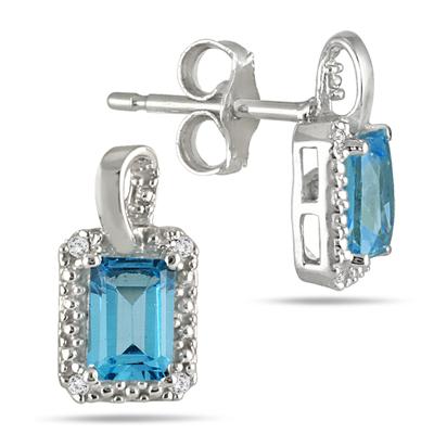 1.00 Carat Emerald Cut Blue Topaz and Diamond Earrings in .925 Sterling Silver