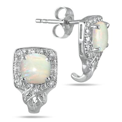 6MM Cushion Cut Created Opal and White Topaz Earrings in .925 Sterling Silver