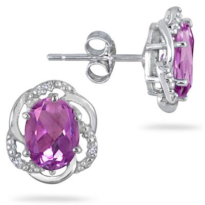2.25 Carat Oval Amethyst And Diamond Earrings in .925 Sterling Silver 
