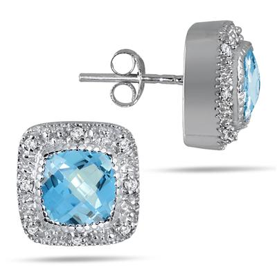 3.50 Carat Cushion Cut Blue Topaz and Halo Diamond Earrings in .925 Sterling Silver 