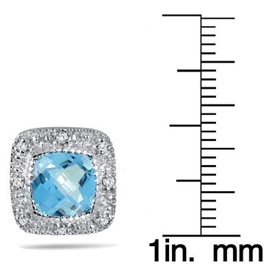 3.50 Carat Cushion Cut Blue Topaz and Halo Diamond Earrings in .925 Sterling Silver 