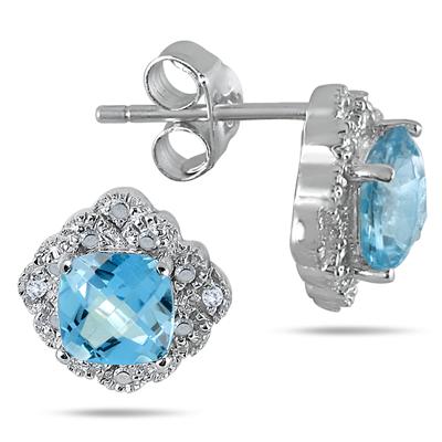 1.25 Carat Cushion Cut Blue Topaz and Diamond Earrings in .925 Sterling Silver