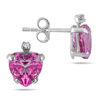 6MM Pink Topaz Heart and Diamond Earrings in .925 Sterling Silver 