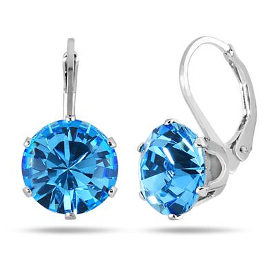 10 MM Round Genuine SWAROVSKI Blue Topaz Crystal Lever Back Earrings in .925 Sterling Silver