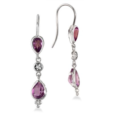 Pear Shape Amethyst and Diamond Dangle Earrings in .925 Sterling Silver