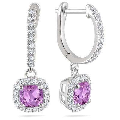1 Carat Amethyst and Diamond Halo Dangle Earrings in 10K White Gold