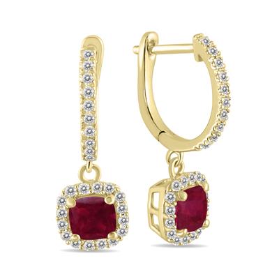 1 Carat Ruby and Diamond Halo Dangle Earrings in 10K Yellow Gold