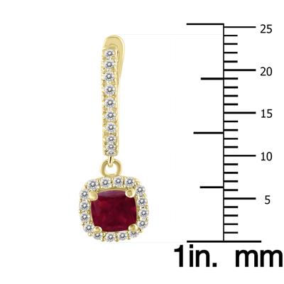 1 Carat Ruby and Diamond Halo Dangle Earrings in 10K Yellow Gold
