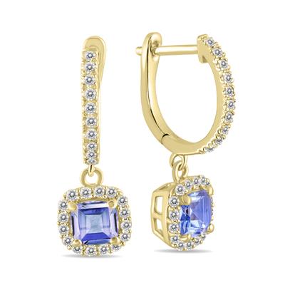 1 Carat Tanzanite and Diamond Halo Dangle Earrings in 10K Yellow Gold