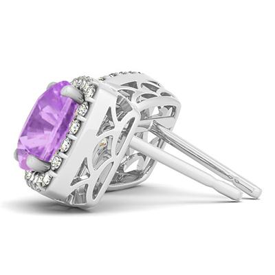 1 Carat Cushion Cut Amethyst and Diamond Halo Earrings in 14K White Gold