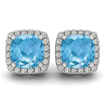 1 Carat Cushion Cut Blue Topaz and Diamond Halo Earrings in 14K White Gold