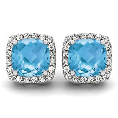 1 Carat Cushion Cut Blue Topaz and Diamond Halo Earrings in 14K White Gold   