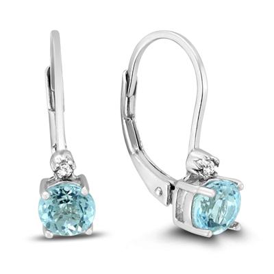 5mm Round Blue Topaz and Diamond Lever Back Earrings in .925 Sterling Silver