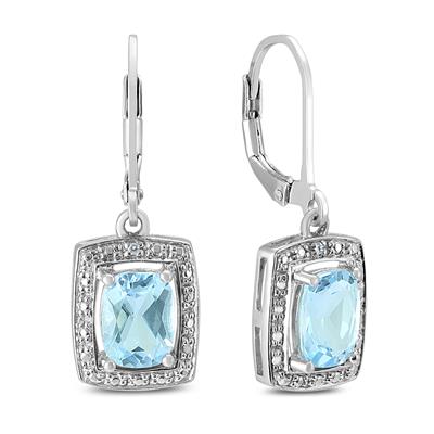 8X6 Radiant Cut Blue Topaz and Diamond Lever Back Earrings in .925 Sterling Silver
