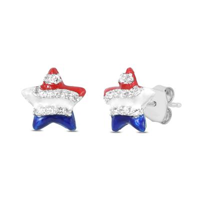 Red White and Blue Star Spangle Created White Sapphire Earrings in .925 Sterling Silver