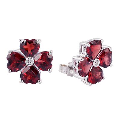 14k White Gold Diamond and Garnet Flower Earrings