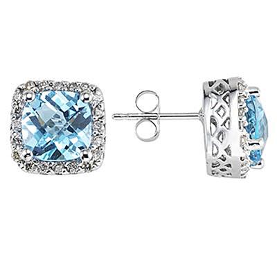 Cushion Cut Blue Topaz and Diamond Earrings 14K White Gold