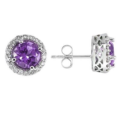 Amethyst and Diamond Earrings 14k White Gold