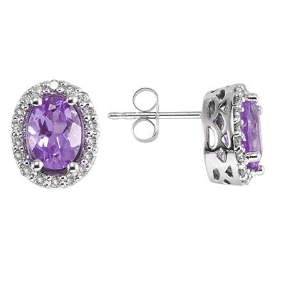 Oval Amethyst and Diamond Earrings in 14K White Gold