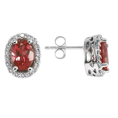 Oval Garnet and Diamond Earrings in 14K White Gold