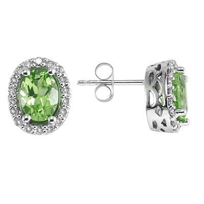 Oval Peridot and Diamond Earrings in 14K White Gold