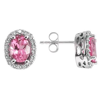 Oval Pink Topaz and Diamond Earrings in 14K White Gold