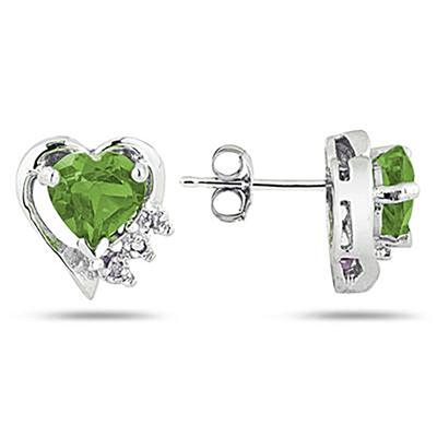 Peridot and Diamond Heart Earrings in 10k White Gold