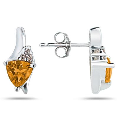 Trillion Shaped Citrine and Diamond Earrings in 14K White Gold