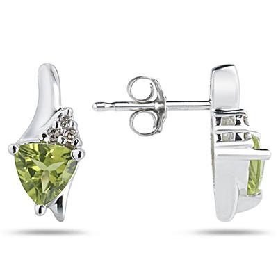Trillion Shaped Peridot and Diamond Earrings in 14K White Gold