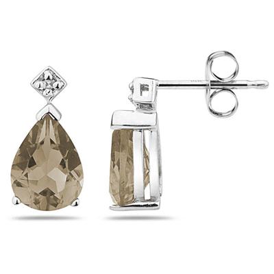 Pear Shaped Smokey Quartz & Diamond Earrings in White Gold