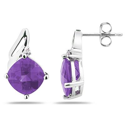 5.00 Carat Cushion Cut Amethyst  & Diamond Earrings in 14K White Gold