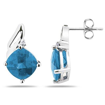 5.00 Carat Cushion Cut  Blue Topaz  & Diamond Earrings in 14K White Gold
