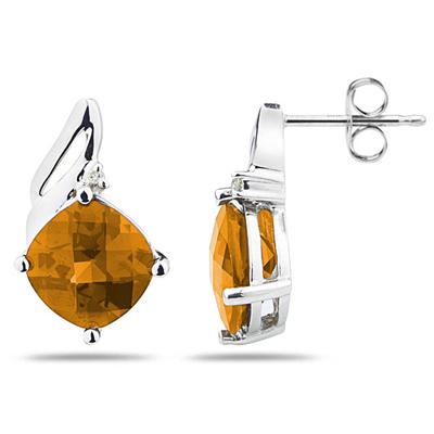 5.00 Carat Cushion Cut Citrine  & Diamond Earrings in 14K White Gold