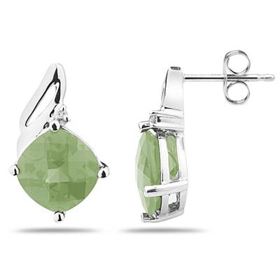 5.00 Carat Cushion Cut Green Amethyst  & Diamond Earrings in 14K White Gold