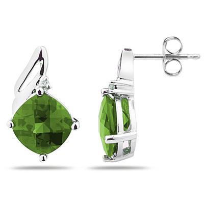 5.00 Carat Cushion Cut Peridot  & Diamond Earrings in 14K White Gold