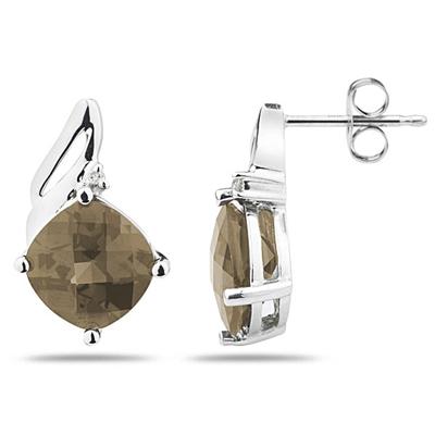 5.00 Carat Cushion Cut Smokey Quartz  & Diamond Earrings in 14K White Gold