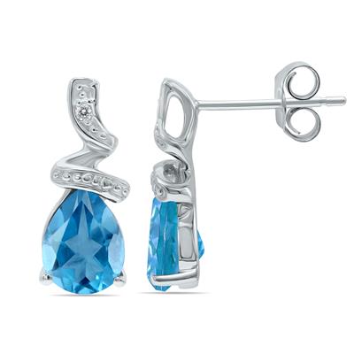 Pear Shaped Blue Topaz and Diamond Earrings in 10k White Gold