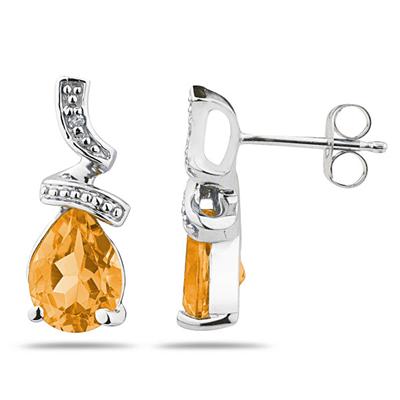Pear Shaped Citrine and Diamond Earrings in 10k White Gold