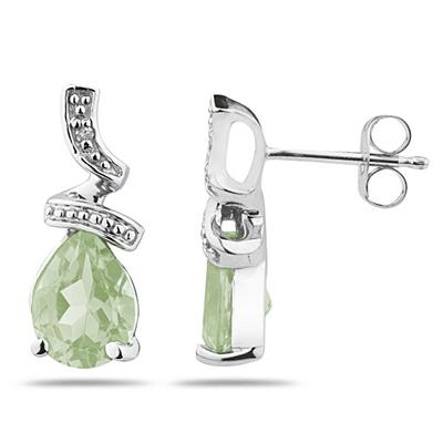 Pear Shaped Green Amethyst and Diamond Earrings in 10k White Gold