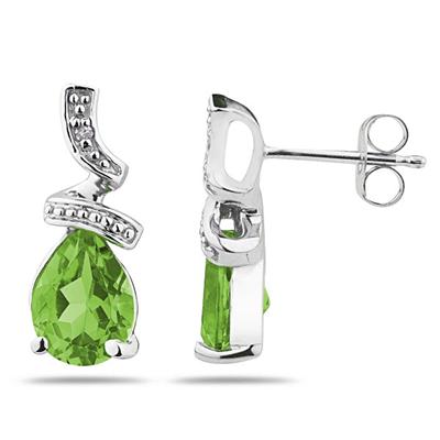 Pear Shaped Peridot and Diamond Earrings in 10k White Gold