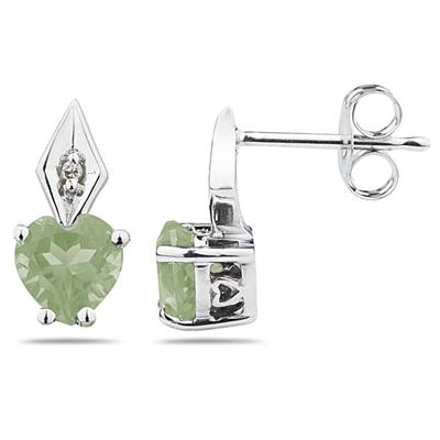 Heart Shape Green Amethyst & Diamond Earrings in White Gold