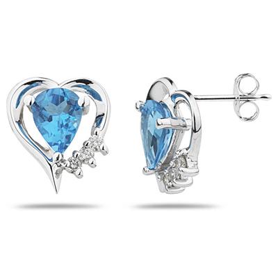 Pear Shaped Blue Topaz & Diamond Heart Earrings