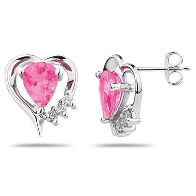 Pear Shaped Pink Topaz & Diamond Heart Earrings