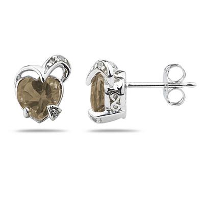 1.50CTW Heart Shape   Smokey Quartz     & Diamond Earrings in 14K White Gold